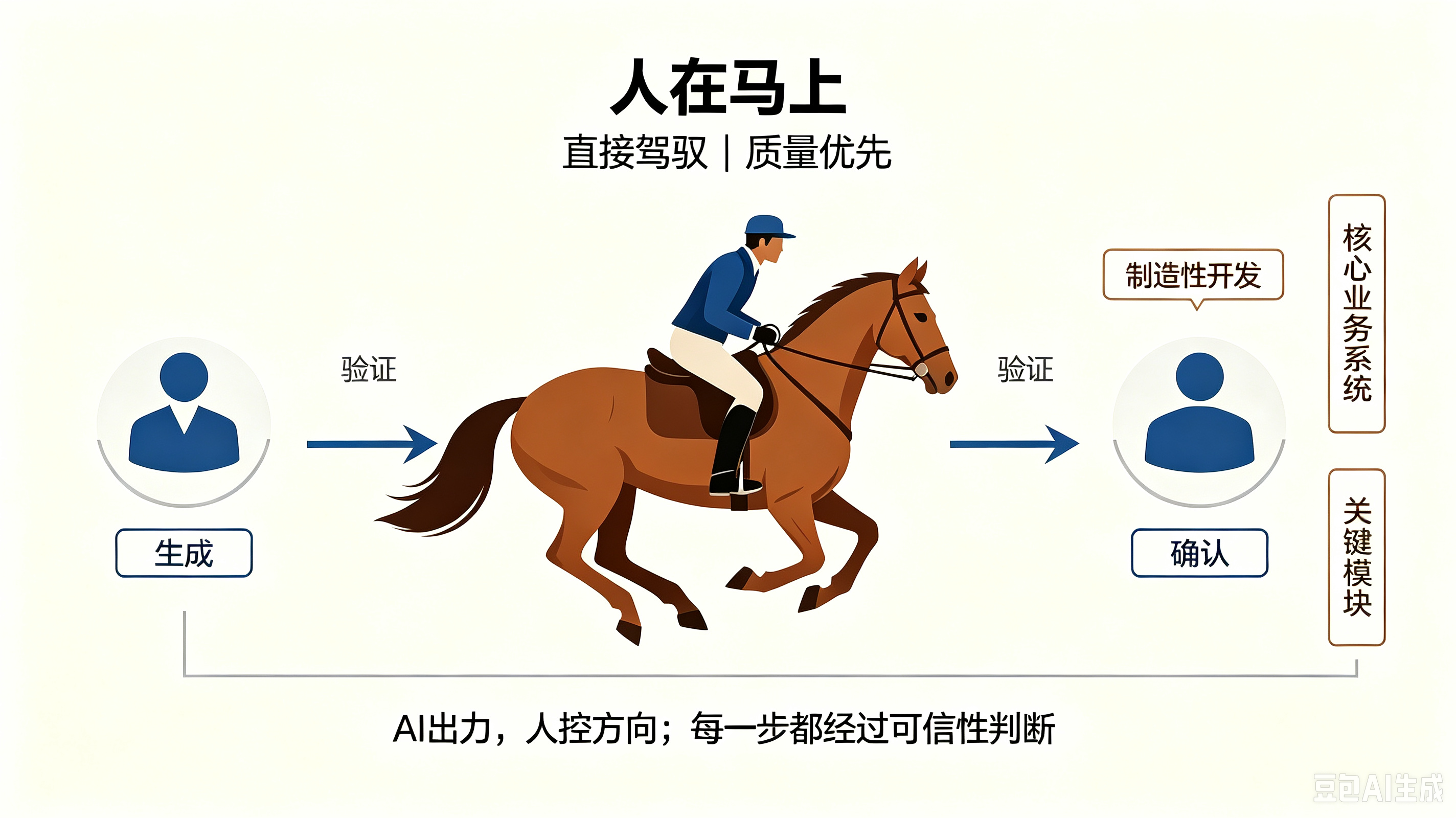 人在马上：直接驾驭，AI出力人控方向，每一步都经过可信性判断
